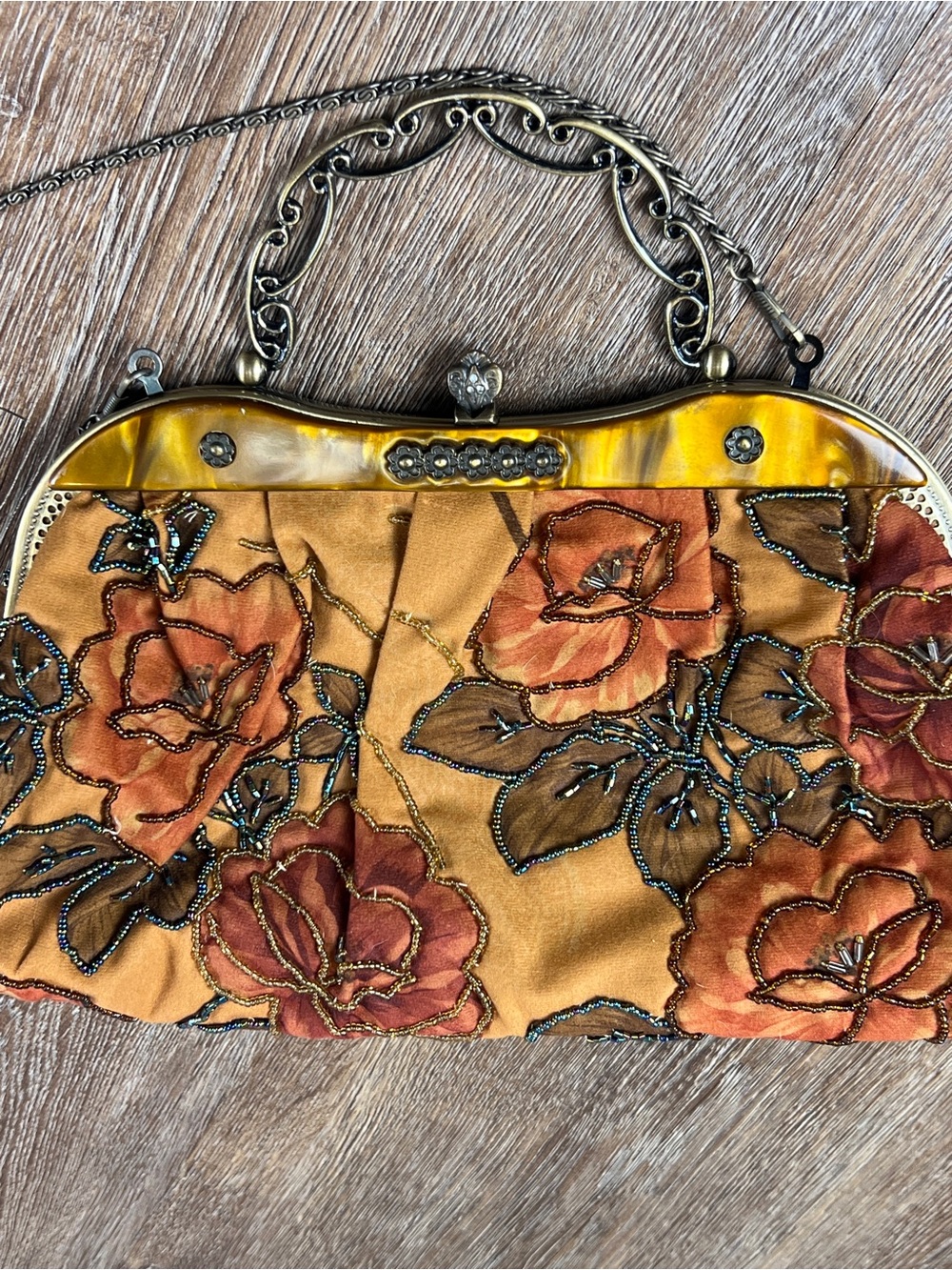 In’s Beaded Floral Clutch Amber Lucite Frame Chain Strap Evening Bag OS